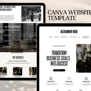 Könnte beinhalten: Eine Canva-Website-Vorlage auf zwei digitalen Bildschirmen. Das Design zeigt ein schwarz-weißes Farbschema mit dem sichtbaren Text CANVA WEBSITE TEMPLATE, ALEXANDER REID, TRANSFORM BUSINESS GOALS INTO SUCCESS und MY SERVICES.
