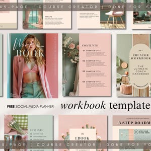 May include: A selection of digital workbook templates in a soft, pastel colour scheme. The image shows various layouts, including a cover with a woman in a pink blazer, a contents page, and a workbook titled "The Ultimate Coach Handbook". The text "workbook template" is also visible.