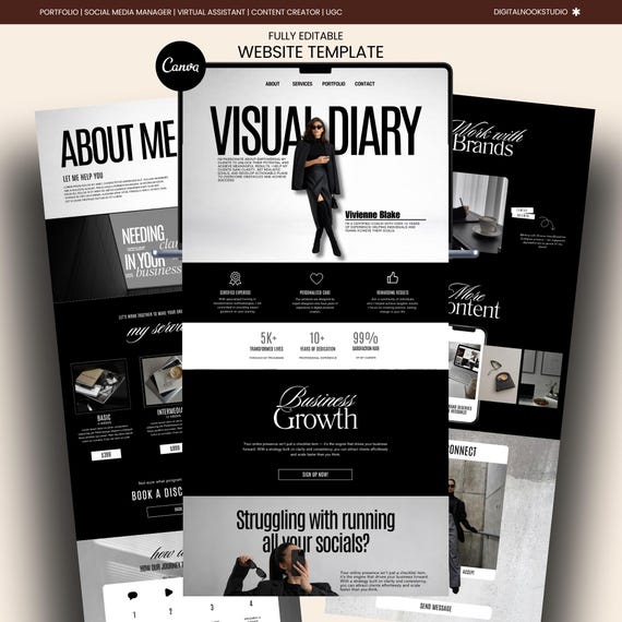 Canva Website Template Social Media Manager Portfolio Marketing Black Aesthetic Instagram Coach Influencer UGC Landing Page Content Creator