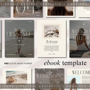 May include: A collection of ebook templates with a neutral aesthetic. The designs include layouts with the text "Italian Lifestyle", "Welcome", and "Workbook". The phrase "ebook template" is also visible.