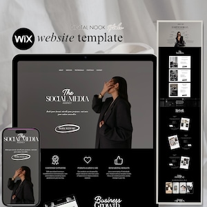 May include: A Wix website template for a social media agency featuring a black and white color scheme. The design includes a hero section with a person in a blazer, navigation menus, service icons, and a mobile view layout displayed on a smartphone.