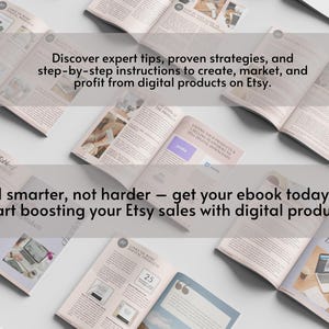 Puede incluir: Varios libros abiertos con texto sobre la venta de productos digitales en Etsy est&aacute;n dispuestos sobre una superficie blanca. El texto incluye "Descubra consejos de expertos" y "Venda de forma m&aacute;s inteligente, no m&aacute;s dif&iacute;cil". Los libros tienen un esquema de color rosa claro y blanco.