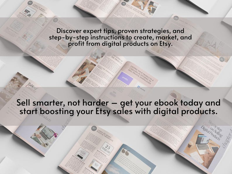 Puede incluir: Varios libros abiertos con texto sobre la venta de productos digitales en Etsy est&aacute;n dispuestos sobre una superficie blanca. El texto incluye "Descubra consejos de expertos" y "Venda de forma m&aacute;s inteligente, no m&aacute;s dif&iacute;cil". Los libros tienen un esquema de color rosa claro y blanco.