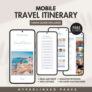 May include: A mobile phone screen displaying a travel itinerary for Santorini, Greece. The itinerary includes a table of contents, daily schedule, places to visit, and packing list. The phone is on a white background with a shadow.
