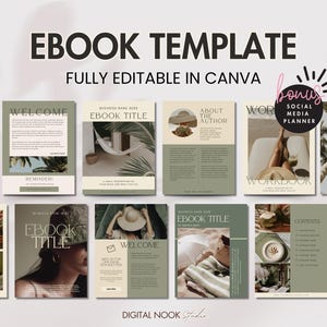 Puede incluir: Una plantilla de libro electrónico con un diseño minimalista, que presenta varios diseños de página. El diseño incluye páginas para bienvenida, título del libro electrónico, sobre el autor, cuaderno de trabajo y contenido. La plantilla es totalmente editable en Canva.