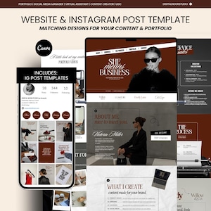 Può includere: Un set di modelli di marketing digitale con layout di sito web e griglia di post di Instagram. Il design utilizza una tavolozza di colori marrone scuro e crema con tipografia serif. Il testo include "SHE means BUSINESS", "ABOUT ME" e "WHAT I CREATE".