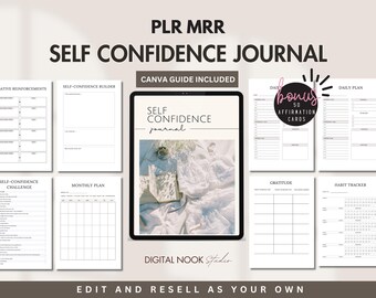 May include: A digital printable self-confidence journal with a Canva guide included. The journal includes pages for negative reinforcements, self-confidence builder, self-confidence challenge, monthly plan, daily plan, gratitude, and habit tracker. The journal also includes a bonus of 50 affirmation cards.