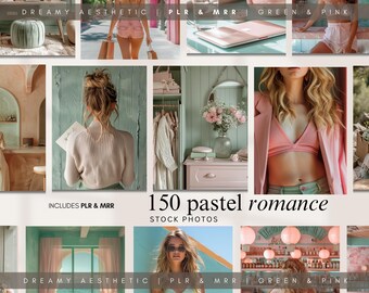 May include: A collage of 150 pastel-colored stock photos featuring dreamy aesthetics, green and pink color schemes, and romantic themes. The text "DREAMY AESTHETIC | PLR & MRR | GREEN & PINK" appears at the top and bottom of the image. The text "INCLUDES PLR & MRR" appears in the lower left corner. The text "150 pastel romance STOCK PHOTOS" appears in the center of the image.