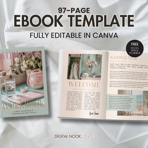 May include: A 97-page ebook template featuring a floral design on the cover. The template is fully editable in Canva and includes a free social media planner. The text on the cover reads "WORKBOOK A small collection of your book and what you do". The text on the open pages reads "WELCOME" and "A SIMPLE TITLE".