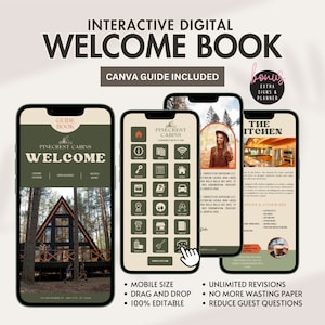 Puede incluir: Un libro de bienvenida digital para un negocio de alquiler de cabañas. El libro se muestra en la pantalla de un teléfono inteligente e incluye un mensaje de bienvenida, una lista de comodidades y un mapa de la zona. El libro está diseñado para ser interactivo y fácil de usar. El texto en la pantalla dice "PINECREST CABINS WELCOME".