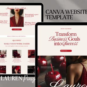 May include: Two tablets displaying a Canva website template. The first tablet shows a website design with text in red, including "Imagine being able to..." and "Join Now!". The second tablet displays "Transform Business Goals into Success".