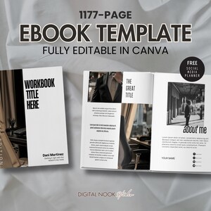 Pode incluir: Um modelo de ebook em preto e branco com o texto "1177-Page Ebook Template Fully Editable in Canva" no topo. O modelo inclui uma página de capa com o texto "The Collector's Edition Workbook Title Here Dani Martinez" e uma página interna com o texto "The Great Title About Me Your Name".