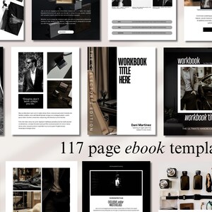 Puede incluir: Una plantilla de libro electrónico en blanco y negro con 117 páginas. La portada presenta una foto en blanco y negro de un hombre con traje. El título del libro electrónico es "Título del libro de trabajo aquí" y el autor es Dani Martinez. El subtítulo es "La guía definitiva".