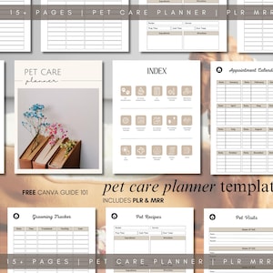 Op de afbeelding: Een sjabloon voor een huisdierverzorgingsplanner met meerdere pagina's, waaronder een index, een afsprakenkalender en recepten voor huisdieren. Het ontwerp heeft een neutraal kleurenpalet met de tekst "pet care planner template".