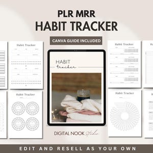 May include: A digital printable habit tracker with a variety of layouts, including daily, weekly, and monthly trackers. The tracker is designed to help users track their progress towards their goals. The text "HABIT tracker" is featured on the cover.