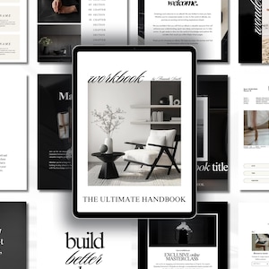 Könnte beinhalten: Ein digitales Arbeitsbuch mit dem Titel "workbook" von Fernanda Smith wird auf einem Tablet angezeigt. Das Cover zeigt eine schwarz-weiße Inneneinrichtung mit einem Stuhl, einem Tisch und einer Vase. Weitere Seiten mit Text und Bildern umgeben das Tablet.