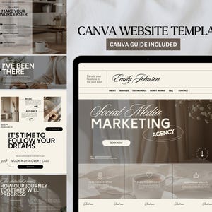 Könnte beinhalten: Eine Canva-Website-Vorlage in einer neutralen beigen und dunkelbraunen Farbpalette. Das Design enthält Abschnitte für Social-Media-Marketing-Dienste, Erfahrungsberichte und Kontaktinformationen mit Textüberlagerungen wie Emily Johnson und Book Now.