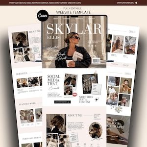 May include: A fully editable website template featuring the name Skylar Ellis, with sections for About Me, Services, and Portfolio. The layout includes multiple photo placeholders, social media icons, and text blocks with a neutral color palette.