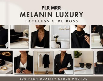 Melanin Aesthetic Woman Stock Images Faceless Girl Boss Stock Photo Marketing Luxury PLR MRR AI Branding Social Media Elegant Black and Gold
