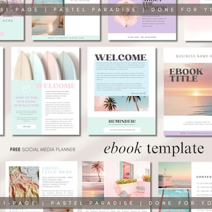 May include: A selection of pastel-toned social media templates and ebook layouts. The designs feature beach scenes, surfboards, and the text "WELCOME" and "EBOOK TITLE". The phrase "FREE SOCIAL MEDIA PLANNER" is also visible.