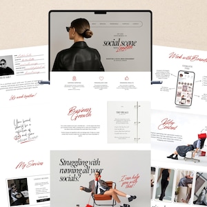 May include: A digital marketing and social media management presentation. The design features a laptop, various printouts, and a smartphone displaying social media content. Text includes "social scene" and "Business Growth."