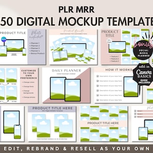 Puede incluir: Un conjunto de 50 plantillas de maqueta digital para redes sociales y promoción de productos. Las plantillas presentan un diseño de paisaje verde y azul con nubes y un fondo blanco. El texto "PLR MRR" y "50 Digital Mockup Template" se muestra en la parte superior de la imagen. El texto "Edit, Rebrand & Resell as Your Own" se muestra en la parte inferior de la imagen.
