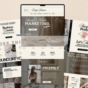 Puede incluir: Un diseño de plantilla de sitio web digital que presenta una paleta de colores neutros con tonos crema y marrón oscuro. El diseño incluye secciones para el crecimiento empresarial, servicios de marketing y texto como Emily Johnson.