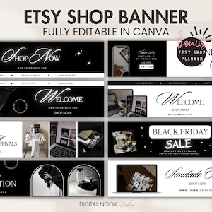 Puede incluir: Un conjunto de banners de tienda Etsy en blanco y negro con superposiciones de texto. Los banners presentan varias imágenes, incluyendo una computadora portátil, una vela y una persona vestida con un atuendo negro. El texto en los banners incluye "Shop Now", "Welcome", "New Arrivals", "Black Friday Sale" y "Saudade Faire".