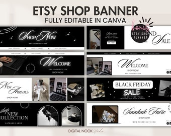 Plantilla de banner de Etsy, marca estética negra, lista para usar, diseño de banner de tienda editable en Canva, plantilla de maqueta de tienda comercial, kit para vender en Etsy
