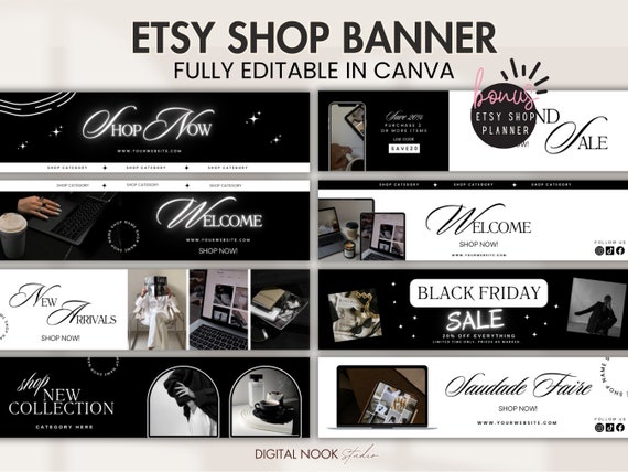 Etsy Banner Template Black Aesthetic Branding Done for You Canva Editable Shop Banner Design Business Shop Mockup Template Sell on Etsy Kit