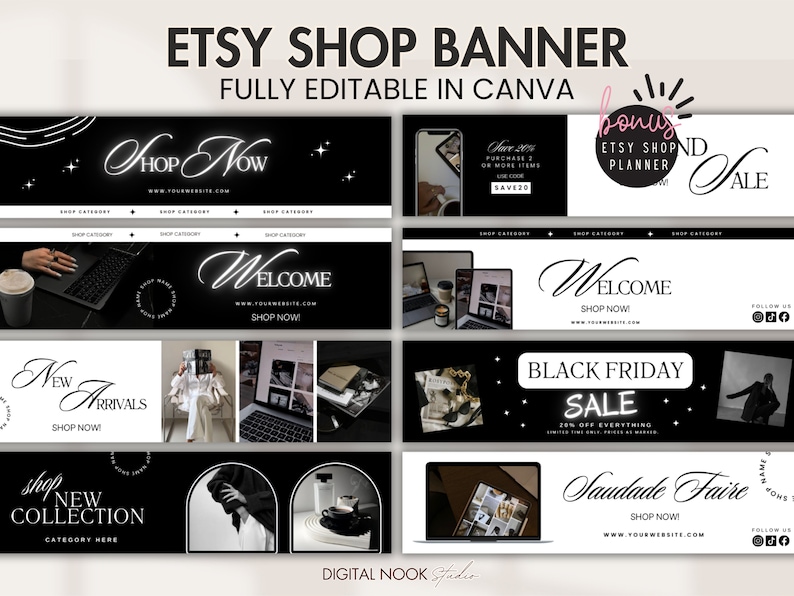 Etsy Banner Template Black Aesthetic Branding Done for You Canva Editable Shop Banner Design Business Shop Mockup Template Sell on Etsy Kit