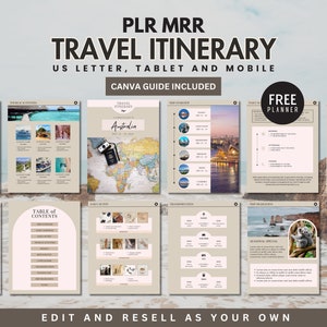 Może przedstawiać: Cyfrowy szablon planu podróży z tekstem "PLR MRR TRAVEL ITINERARY" i "US LETTER, TABLET AND MOBILE". Szablon zawiera strony dla wycieczek, aktywności, przeglądów podróży i innych. Widoczny jest również tekst "CANVA GUIDE INCLUDED".