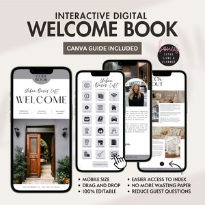 May include: A mockup of a digital welcome book for a vacation rental property called "Urban Oasis Loft". The book is designed to be interactive and includes a welcome message, information about the property, and a check-out checklist. The book is displayed on a smartphone screen.