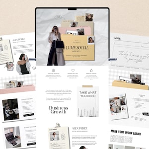 May include: A website design for a social media agency, featuring a woman in a blazer and trousers. The website includes the agency's name, "LUME SOCIAL AGENCY", and the text "Business Growth". Additional pages include "Alex Perez, Social Media Manager".