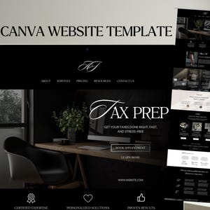 Könnte beinhalten: Eine schwarz-weiße Website-Vorlage für ein Steuerberatungsbüro. Die Website verfügt über ein Logo, einen Slogan und einen Call-to-Action, um einen Termin zu vereinbaren. Die Website enthält auch Informationen über die Dienstleistungen, Preise und Ressourcen des Unternehmens.