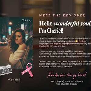 Op de afbeelding: Afbeelding met een vrouw met donker haar, een roze lint en een vintage camera-illustratie. Tekst luidt "Hello wonderful souls, I'm Cheriel!" en "digitalnook studio co."