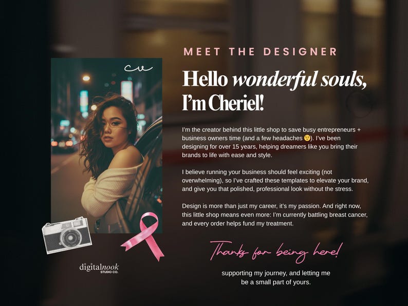 Op de afbeelding: Afbeelding met een vrouw met donker haar, een roze lint en een vintage camera-illustratie. Tekst luidt "Hello wonderful souls, I'm Cheriel!" en "digitalnook studio co."