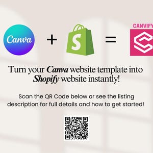 Op de afbeelding: Afbeelding met de logo's van Canva, Shopify en Canvify. De tekst luidt: "Verander uw Canva website template direct in een Shopify website!" Bevat een QR-code voor meer details.