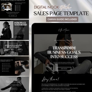 Pode incluir: Um modelo de página de vendas digital em preto e branco com o texto "Digital Nook Studio Sales Page Template Canva Guide Included" no topo. A página apresenta uma mulher com um traje preto segurando um telefone e o texto "Transformar metas de negócios em sucesso".