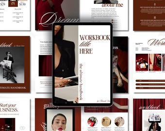 Może przedstawiać: Cyfrowy szablon zeszytu ćwiczeń o minimalistycznym designie. Okładka zawiera tekst "WORKBOOK title HERE" i "the ultimate handbook". Schemat kolorów to głównie brąz i biel, z akcentami czerwieni. Obraz zawiera inne szablony cyfrowe.
