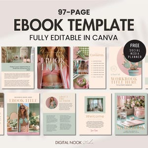 Op de afbeelding: Een 97 pagina's tellende e-book sjabloon dat volledig bewerkbaar is in Canva. Het sjabloon heeft een roze en groene kleurstelling met een bloemenontwerp. De tekst "EBOOK TITLE" wordt weergegeven in een vet, wit lettertype. Het sjabloon bevat een gratis social media planner en een werkboek.