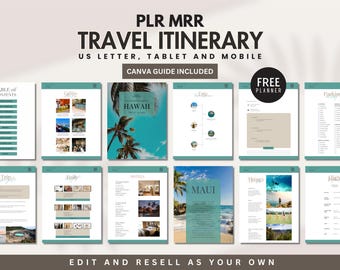 MRR PLR Travel Itinerary Planner Template for Resell Private Label Rights License Digital Product Canva Editable Tropical Vacation Bali