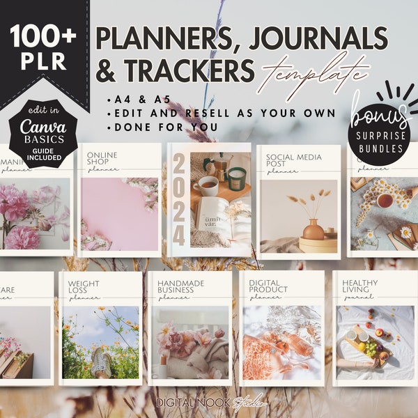 PLR Digital Planner, PLR Journal Tracker Template, Canva Editable Template, Resell Rights Digital Product, mrr Done For You, Commercial Use