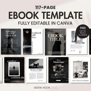 Modèle de livre électronique, élégant aimant modifiable en toile, guide de coaching, créateur de cours, classeur d'exercices esthétique noir et blanc, feuille de calcul