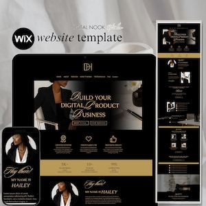 May include: A black and gold Wix website template displayed on a tablet, phone, and a vertical layout. The template features the text "Build Your Digital Product Business" and "Hey there! My name is Hailey."