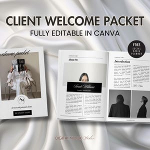 Op de afbeelding: Een Client Welcome Packet, volledig bewerkbaar in Canva, met een omslag met een persoon die een tijdschrift vasthoudt. Het open pakket toont de pagina's "About Me" en "Introduction". Inclusief een gratis social media planner.