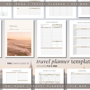 May include: A collection of travel planner templates with various pages, including daily itineraries, packing lists, and budget planners. The central image features a beach scene. Text includes "Travel Planner" and "travel planner template".