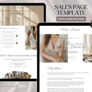 May include: A digital sales page template for a digital product business course. The template features a light brown background with a white text box. The text box includes the title "Build Your Digital Product Business" and a call to action button that says "Join Now". The template also includes a bonus stock photo of a woman in a beige dress.
