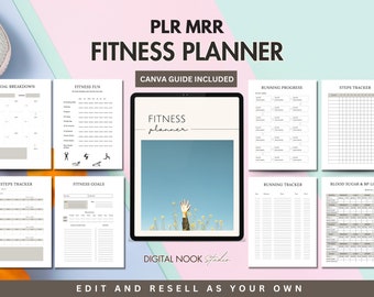 PLR Fitness Planner Template Editable Self Care Journal Weight Loss Daily Wellness Workout Tracker MRR Digital Product Resell Done for you