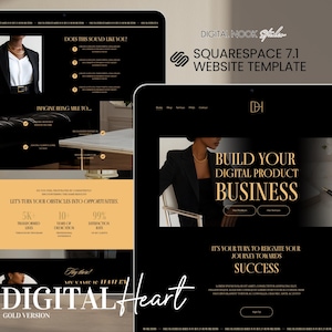 May include: A website template for Squarespace 7.1 with a gold and black color scheme. The text "DIGITAL NOOK" and "SQUARESPACE 7.1 WEBSITE TEMPLATE" is displayed in a gold font. The website template is designed for digital product businesses.